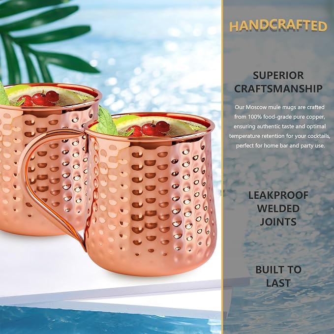 UNISWEET Moscow Mule Pure Copper Mugs - Set of 4-100% Pure Copper Hammered coffee cup, Perfect For Wine, Beer, Cold Drink, Bar, Party, Gifts (Big Belly Copper Mugs)