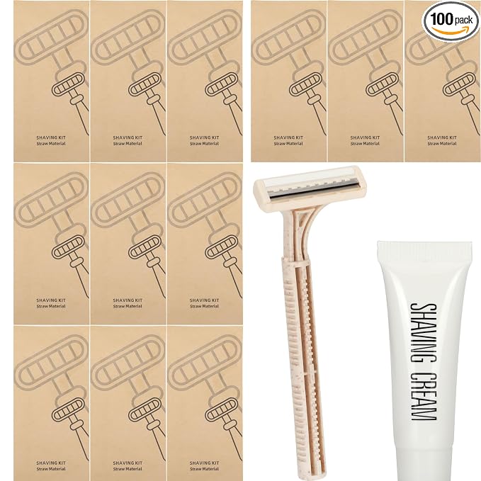 Eco-Friendly Wheat Straw Disposable Shave Kit - 100 Pcs Wheat Straw Razors and Shaving Cream(10g) Bulk, Individually Sealed for Hotel, Airbnb, Camping, Travel, Homeless, Shelters and Charities