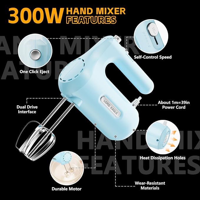 Lord Eagle 5-Speed Hand Mixer Electric, 300W Compact Handheld Mixer, Portable Kitchen Egg Beater with 5 Attachments & Storage Bag, Cake Supplies for Bread Dough Baking, Lightweight, Blue
