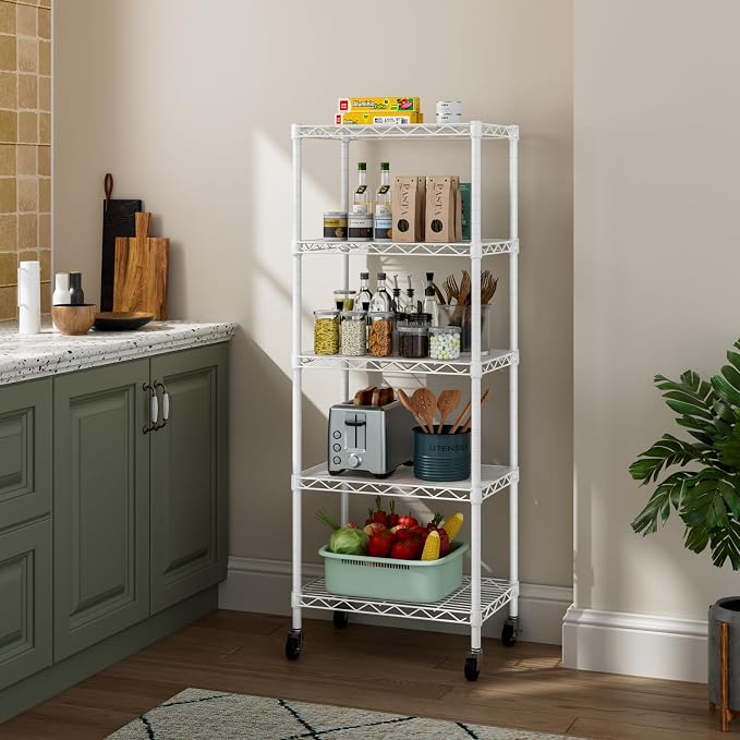 Golpart Small 5 Tier Shelves Storage Wire Shelving Unit Metal Shelf Adjustable Organizers Storage Shelving with Wheels for Bathroom Laundry Room Kitchen Pantry11.7”D x 17.7”W x 57.2”H White
