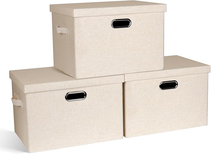 Graciadeco Large 17" 36 Quart Collapsible Stackable Storage Bins with Lids, 3 Packs Light Orange Linen Fabric Closet Boxes with Lids, Storage Cube Baskets Container Organizers for Office (17x12x11)