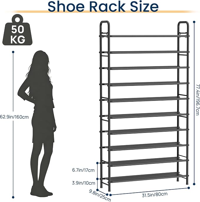 ENJOYBASICS 10 Tier Shoe Rack Garage Storage, Tall Metal Shoes Shelf, Black | Free Standing Shoe Holder for 44 Pairs, Sturdy Heavy Duty Shoe Organizer for Walk-in Closet, Guest Room, Garage, Entryway