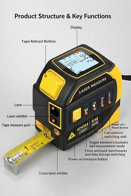 4-in-1 Digital Laser Tape Measure, 16FT Tape, 328FT Distance Meter | 33FT cross-line laser for room measurements, furniture layout, doorway clearance, picture hanging and shelf installation.