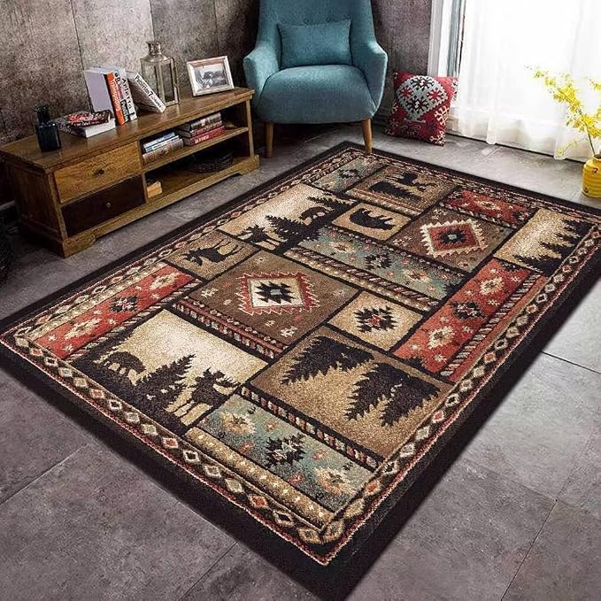 Empire Bear Cabin Area Rug for Dining Room Non-Slip Vintage Bohemian Tribal Rugs Home Decor Rustic Lodge Moose Deer Carpet Dusk View Mat 4'x6'