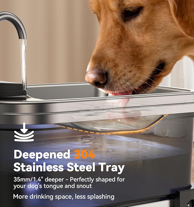 9L/2.38Gal Dog Water Fountain Elevated with 4-Height Adjustable Stand, FeelNeedy Large Pet Water Dispenser with Durable Ultra-Quiet Pump & 304 Stainless Steel Tray, Water Fountain for Dogs Indoor