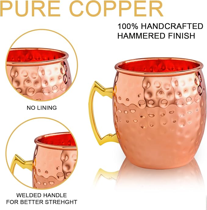 UNISWEET Moscow Mule Copper Mugs-100% Pure Copper Handmade, Gold Brass Handles, 16oz for Drinking, Premium Moscow Mule Copper Cups Set of 4 for Cold Drinks Cocktail Beer Wine Party Bar