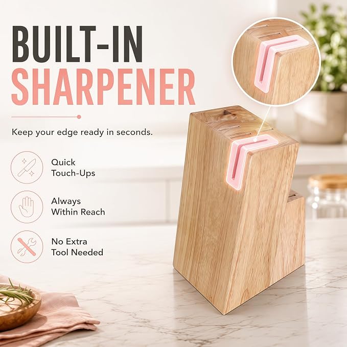 14-Piece Peach Pink Knife Block Set with Built-In Sharpener | German high-carbon stainless steel blades, dishwasher safe, ultra-sharp edges, ergonomic non-slip handles