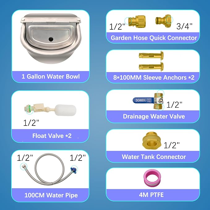 Automatic Dog Water Dispenser with Drain Hole & Drain Valve, Stainless Steel Auto Dog Water Bowl with 2 Float Valves, Hose Quick Connect Fitting, for Livestock, Chicken, Horse (1 Gallon)