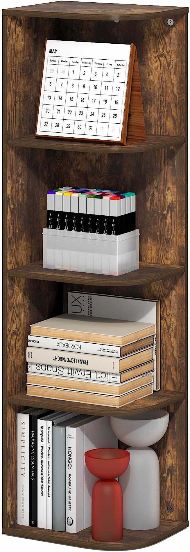 Furinno PASIR Book Shelf, 4-Tier Corner Bookshelf with Open Shelf, Standing Bookcase, 9.3 x 12 x 41.4, for Organization and Storage, for Living Room, Bedroom, Home Office, Amber Pine