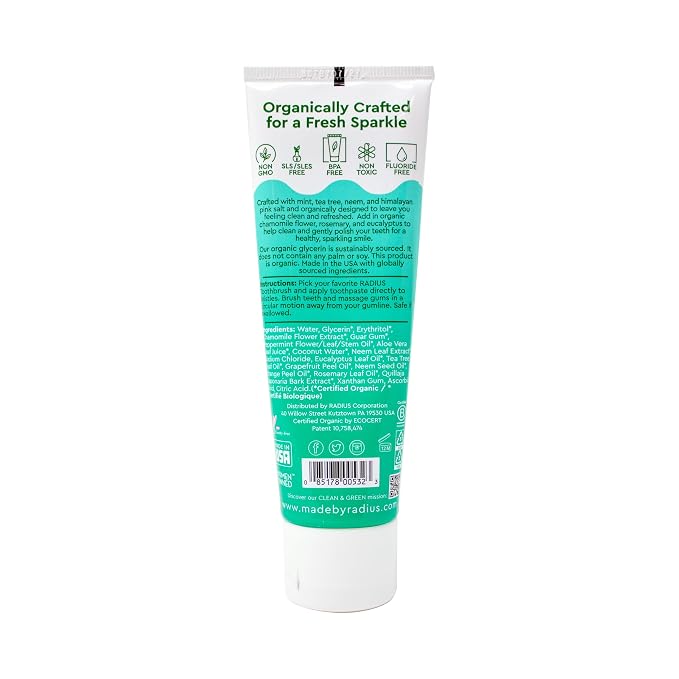 RADIUS USDA Organic Toothpaste 3oz Non Toxic Chemical-Free Gluten-Free Designed to Improve Gum Health & Prevent Cavity - Mint Aloe Neem - Pack of 6