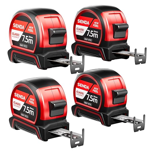 SENDA 4 Pack Tape Measure 25FT with 1/8 Fraction, Double-Hook Measuring Tape Retractable with 1 Inch Wide Blade & Belt Clip, ABS TPR Rubber Protection,Matte Nylon-Coated Blade for DIY, Construction