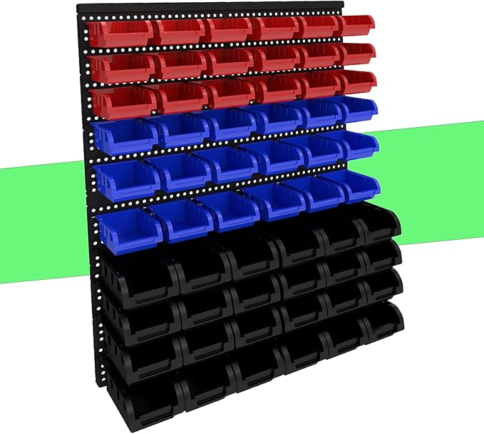 60Pcs Plastic Wall Mounted Storage Bins Parts Rack Nuts And Bolt Bins Organizer For Shop Garage for Screws, Nuts, Bolts, Nails, Beads, and Small Hardware Parts(RED+BLUE+BLACK, 60)