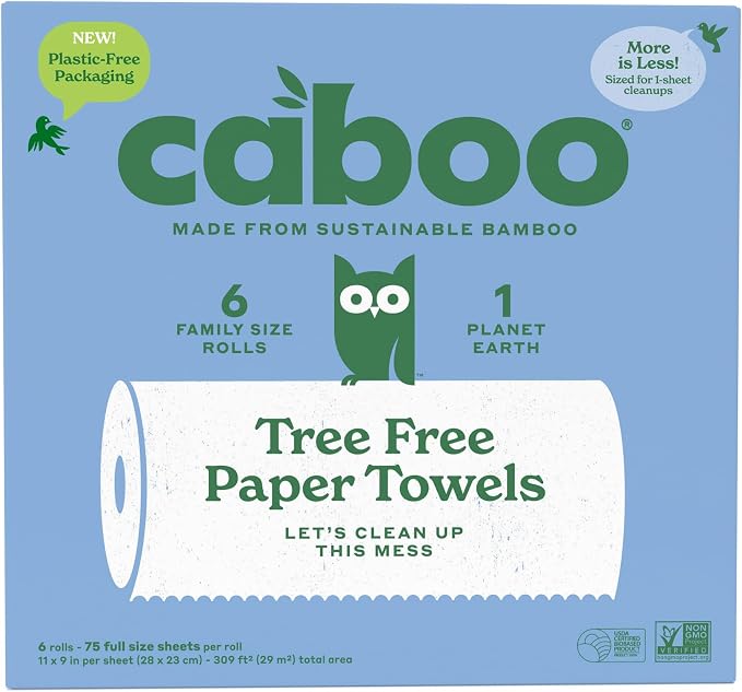 Caboo Tree Free Paper Towels, 6 Family Size Paper Towel Rolls, 2 Ply Sheets | Made with Bamboo Viscose, Plastic Free Packaging, Strong & Super Absorbant, Hypoallergenic, BPA & Chemical Free