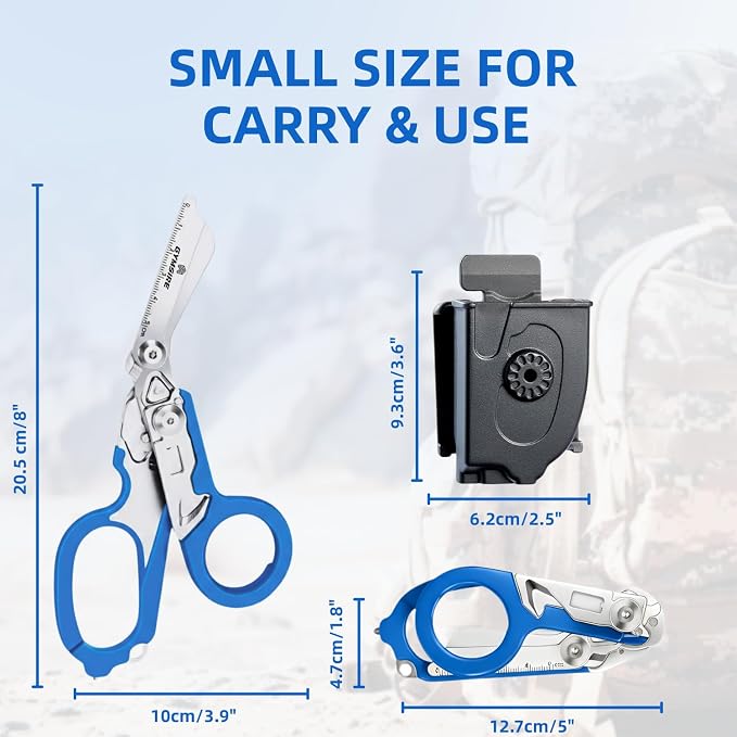 Heavy Duty 6 in 1 Multifunctional Trauma Shears Foldable | Stainless Steel emergency response scissors | Survival Shears with Holster | Medical Trauma shears Tactical With Strap Cutter | Blue