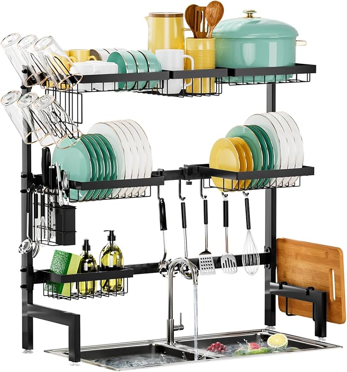 Over The Sink Dish Drying Rack,Expandable Length 3-Tier Large Stainless Steel Over The Sink Dish Rack with 6 Baskets, Utensil Holder Dish Drainers for Kitchen Counter | Stainless Steel, with 6 Baskets & Utensil Holder, for Kitchen Counter, Black