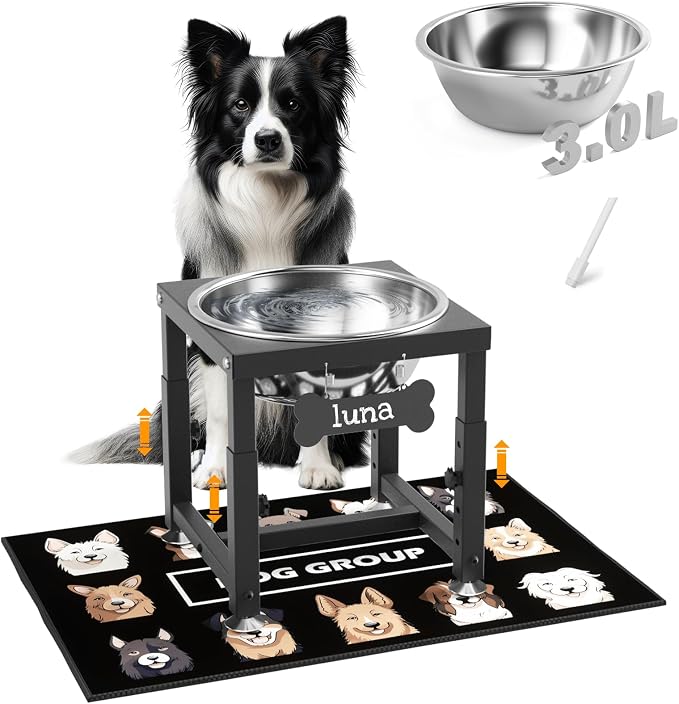 ADENGL 0.8 Gallon Elevated Dog Water Bowl for Medium Dog, 4-Height Adjustable (8–12.2'') Raised Stainless Steel Bowl with Spill-Proof Mat & Sturdy Metal Stand, Easy-Clean Feeder for Indoor/Outdoor Use