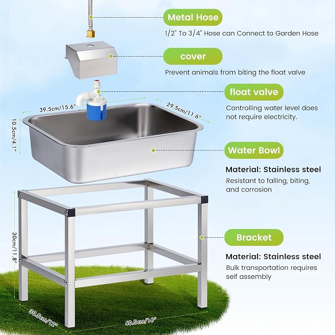 3Gal Automatic Dog Water Bowl Dispenser Large Breed Elevated Outdoor Large Dog Water Bowl with Stand Raised Stainless Auto Fill Waterer with Float Valve for Big Dogs Pets Cats Chicken Livestock