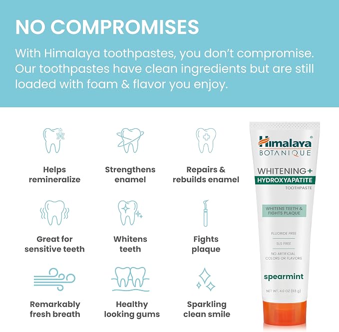 Himalaya Botanique Whitening Hydroxyapatite Toothpaste, Spearmint, 4 oz | Nano Hydroxyapatite Toothpaste, Support Enamel Strength & Integrity,Great for Sensitive Teeth, Fluoride Free,SLS Free & Vegan