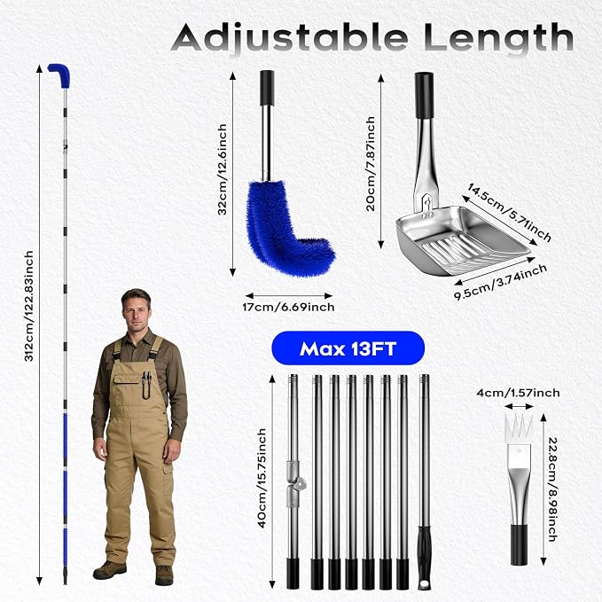 13ft Gutter Cleaning Tools From the Ground, No Ladder Needed, 3-in-1 Gutter Cleaner Pole with Replaceable Brush Rake Scoop, 180° Adjustable Angle for Leaves & Debris Cleaning with Grip Tapes, Blue