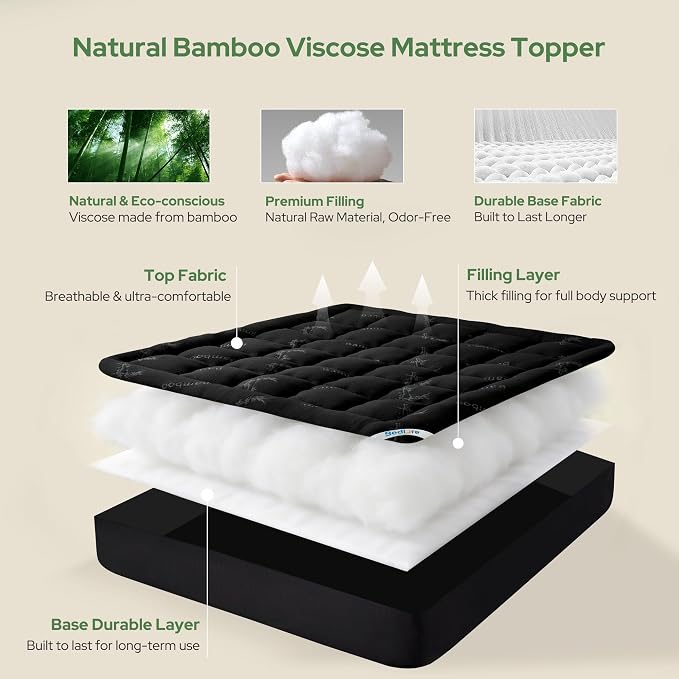 BEDLORE California King Mattress Topper Viscose Derived from Bamboo, Thick Pillow Top Mattress Pad with Stretchable Pockets for 6"-18" Mattress, Soft Mattress Topper for Back Pain Relief(Black)