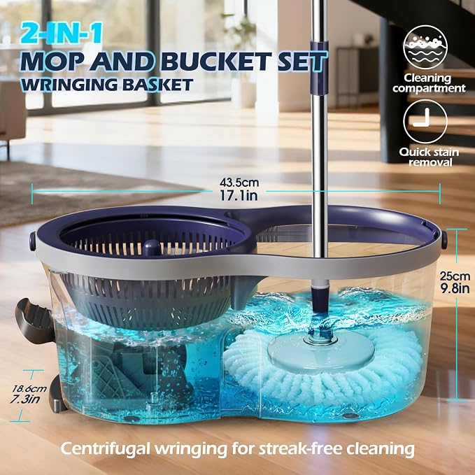 Spin Mop and Bucket Set,Masthome EasyWring Microfiber Spin Mop with 3 Mop Pads,Pedal Spinning Mops and Bucket with Wringer Set for Floor Cleaning - Home & Office Suitable