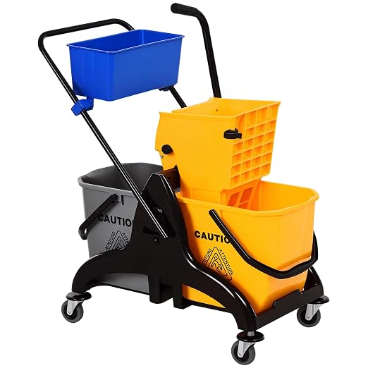 HOMCOM Mop Water Bucket Wringer Cart, Double Mop Bucket, 2 x 6.9 Gallon | Side Press Wringer, Smooth Wheels, Mop-Handle Holder, Easy to Use