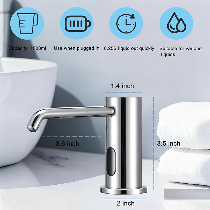 Touchless Automatic Soap Dispenser Built-in Sink Electric Soap Dispenser for Kitchen Bathroom Commercial Home Use, Infrared Sensor with 33.81oz/1000ml Bottle Pump, Chrome
