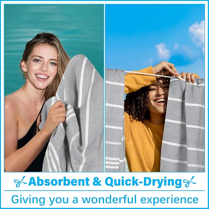 Vikumond Turkish Beach Towel Blanket Oversized 85x75 Inch Quick Dry Grey | Lightweight Compact Portable Sand Free Absorbent Boho Woven Throw for Pool Swimming Picnic Camping Cruise Outdoor Essentials