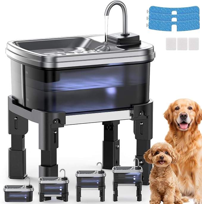 9L/2.38Gal Dog Water Fountain Elevated with 4-Height Adjustable Stand, FeelNeedy Large Pet Water Dispenser with Durable Ultra-Quiet Pump & 304 Stainless Steel Tray, Water Fountain for Dogs Indoor