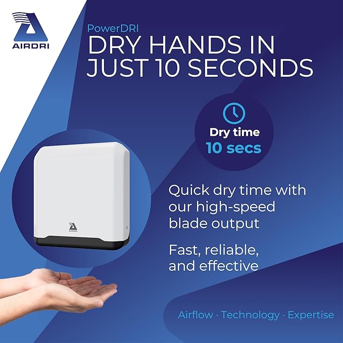 PowerDRI Automatic Hand Dryer - .8kW Low Energy Motor - 10-Second Dry Time - H13 HEPA Filter - 75dBA Noise Output - ADA Compliant - Ideal for High-Traffic Businesses and Venues - White
