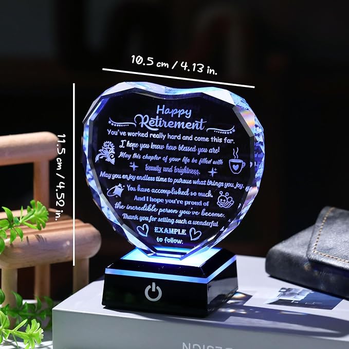 Happy Retirement Gifts for Women Men Crystal Plaque & Keepsake with LED Base Heartfelt Farewell Retired Presents for Boss Colleagues Coworkers Friends