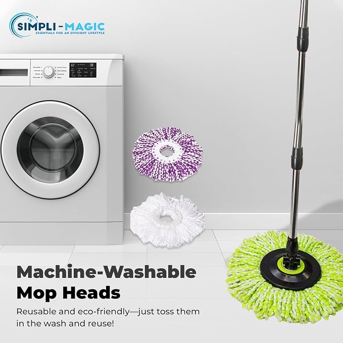 Simpli-Magic 360° Spin Mop and Bucket with Wringer – 3 High-Absorbent Microfiber Washable Heads, Soap Dispenser – Spinning Mop and Bucket Set for All Types Floor Cleaning