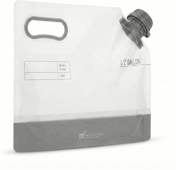 Restaurantware Cater Tek 1/2 Gallon Water Containers 10 Drink Bags - Collapsible Includes Tamper-Evident Caps Clear Plastic Beverage Bags For Catered Events Camping or Hiking Durable Handle