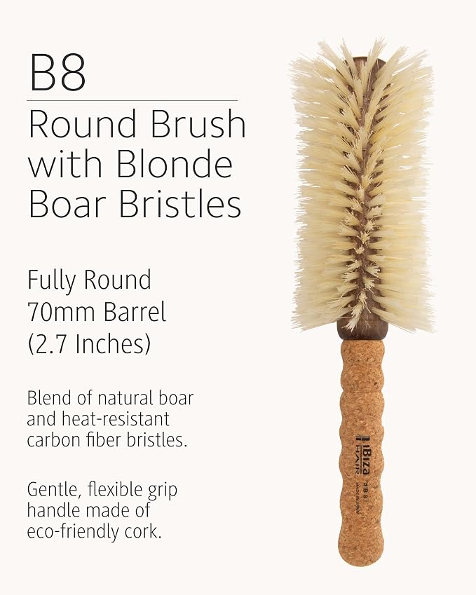 Ibiza Hair Boar Bristle Large Round Brush (B8-70mm) | Blonde Bristles + Cork Handle | Ideal for Fine or Curly Hair | Creates Shiny Irregular Curls