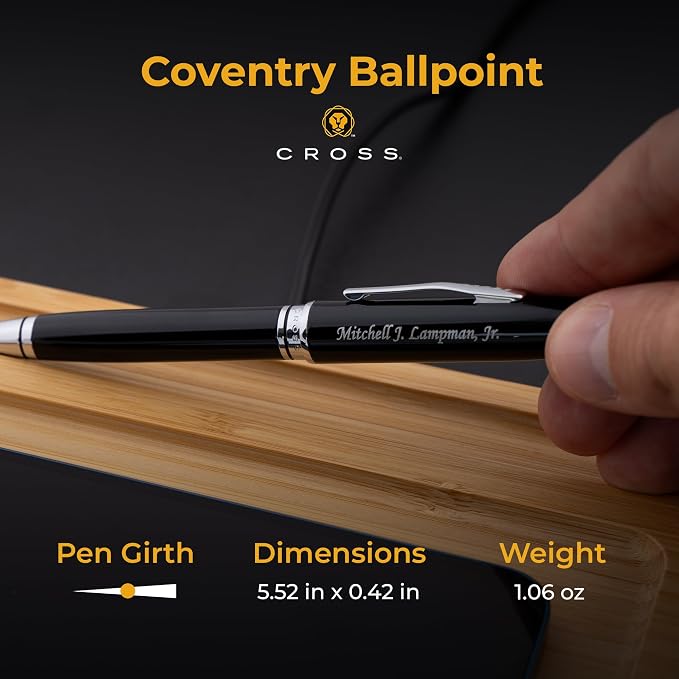 Cross Coventry Ballpoint Pen with Personalized Engraving - Black Lacquer with Chrome Trim - Gift for Graduation, Retirement, New Job, or Corporate Recognition