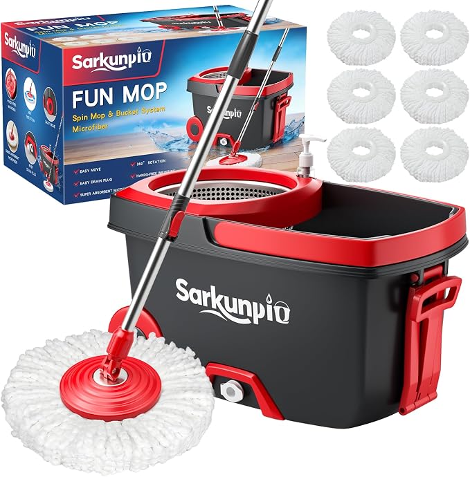 Mop and Bucket Set with 6 Replacement Microfiber Heads, Dark Grey | Spin mop with wringer, 61-inch extra-long handle, spinning mopping floor cleaning system for home floors