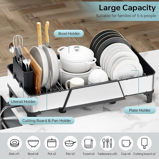 Urackify Large Expandable Dish Drying Rack for Kitchen Counter, Black | Triple Extendable 16.5"-24.2", Stainless Steel Anti-Rust Dish Drainers with Cutlery & Cup Holders for RV, Appartment,
