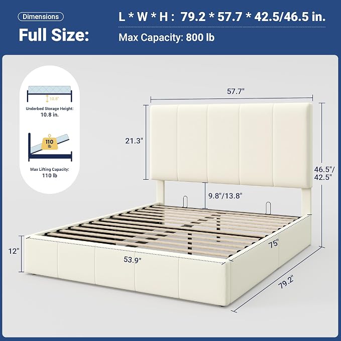 Allewie Full Size Velvet Lift Up Hydrualic Storage Bed Frame, Cream | Vertical Channel Tufted Headboard, Hydrualic Underneath Storage, Upholstered Platform Bed, No Box Spring Needed