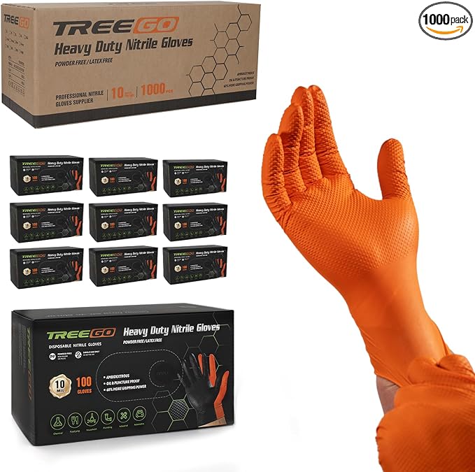 TREEGO Orange 10 Mil Diamond Grip Nitrile Gloves Case, Medium, 1000 Count | Latex Free, High Visibility Grip for Equipment Maintenance, Utility Service, Field Repair & Facility Operations
