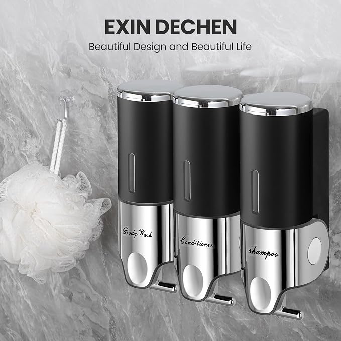 EXIN DECHEN Shampoo and Conditioner Dispenser(Triple x 16.9 oz,Black) | Easy Installation,Wall-Mounted,Bottle Separable,Large Capacity,Shower Shampoo Conditioner Body Wash Dispenser for Bathroom