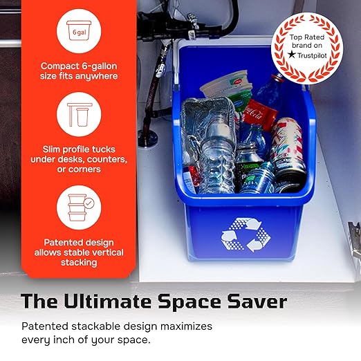 Multi Bin Recycling System with Three Stackable 6 Gallon Recycle Bins for Kitchen Use – Recycling Trash Can Set for Office, Garage, Businesses (3 Pack, Blue/Yellow/Red)