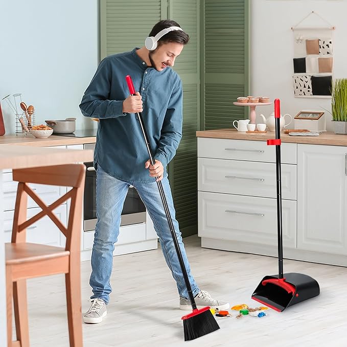 TreeLen Dust Pan and Broom/Dustpan Cleans Broom Combo with 52" Long Handle for Home Kitchen Room Office Lobby Floor Use Upright Stand Up Broom and Dustpan Set - Black/Red
