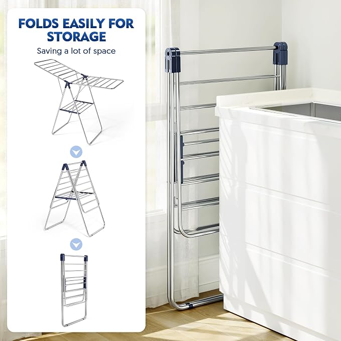 APEXCHASER Stainless Steel Clothes Drying Rack, Drying Rack Clothing with Height-Adjustable, Foldable Gullwings Laundry Drying Rack, Indoor Outdoor Use, No Assembly
