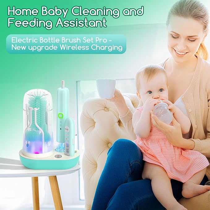 Electric Bottle Brush Cleaner,Wireless Charging Electric Baby Bottle Brush Cleaner,Nipple/Straw/Bottleneck Brush,Food Thermometer,Formula Mixer-IPX7 Waterproof,Travel Bottle Cleaner Kit for Newborn