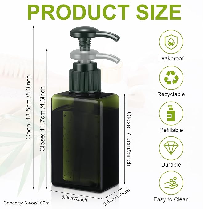 Domensi 24 Pcs 100ml /3.4 oz Pump Bottle Mini Travel Bottles Small Dispenser Containers Plastic Pump Lotion Dispenser Empty Square Travel Size Containers Toiletries (Dark Green)