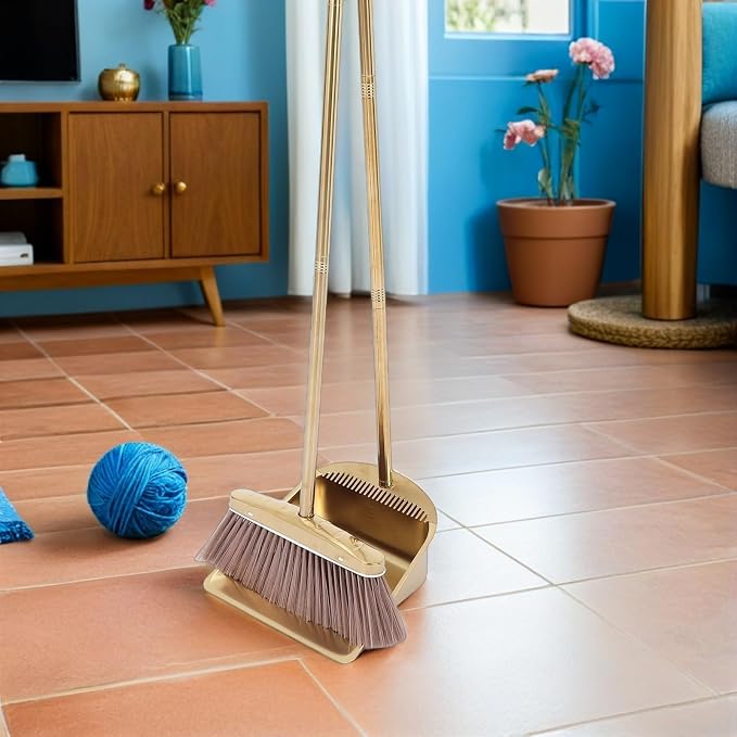 OUNONA 1set Heavy Duty Upright Broom and Dustpan Set with Long Handle and Stainless Steel Construction Includes Built Comb Teeth for Easy Cleaning in Home Office
