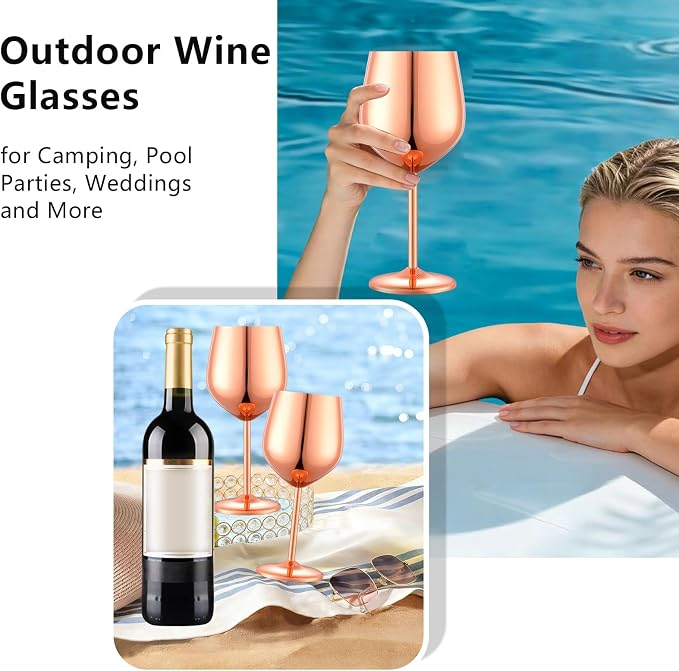 UNISWEET Unbreakable Stainless Steel Wine Glasses Set of 4, Rose Gold | 17oz Unique Fancy Metal Wine Goblets, Shatterproof, Ideal for Outdoor, Camping, Travel, Pool, Great Gift for Wine Lovers