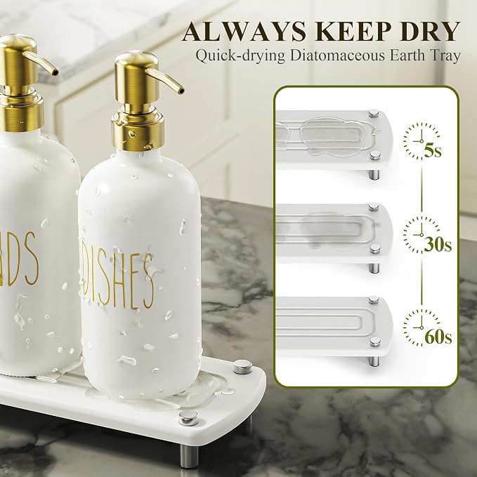 Cisily Kitchen Soap Dispenser Set Comes with Ceramics Sponge Holder, Gold Pumps, and Instant Dry Tray, Hand and Dish Soap Dispenser Set (4, Gold + White + Brush Holder)