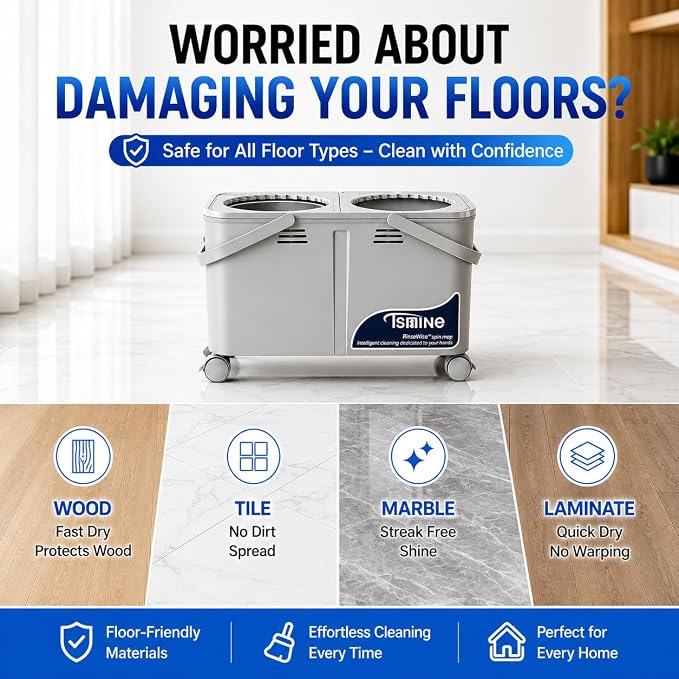 RinseWise Compact Gen 1 Spin Mop and Bucket with Wringer, 1.5 Gal Clean Water Capacity, Clean & Dirty Water Separation, 4 Swivel Wheels, 61" Long Handle, 6 Mop Heads for Daily Floor Cleaning