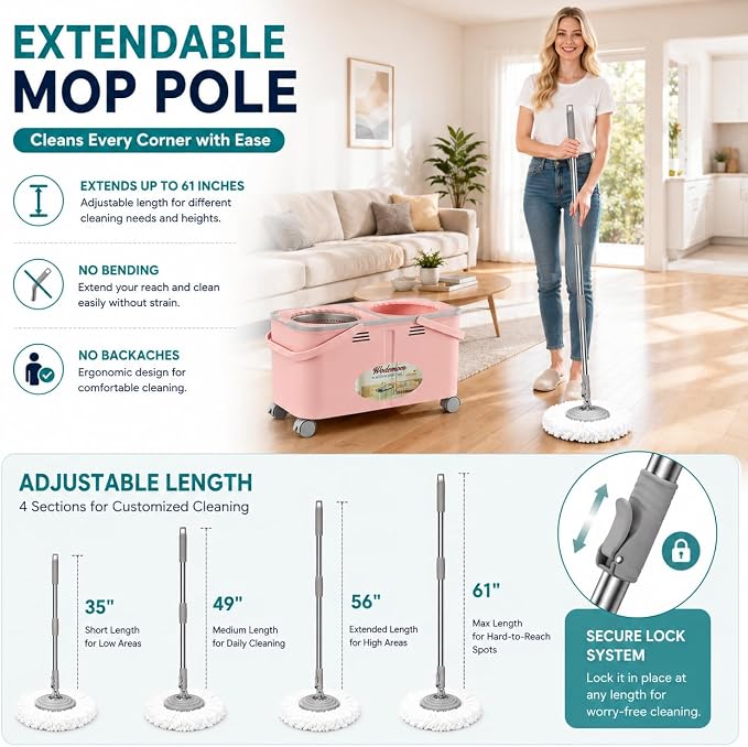 Mop and Bucket Set with Clean & Dirty Water Separation, Spin Mop with 360° Wheels & Drain, 6 Microfiber Heads,Adjustable Handle for Pet Owners, Kitchen, Bathroom, Hardwood & Tile Floors - Pink